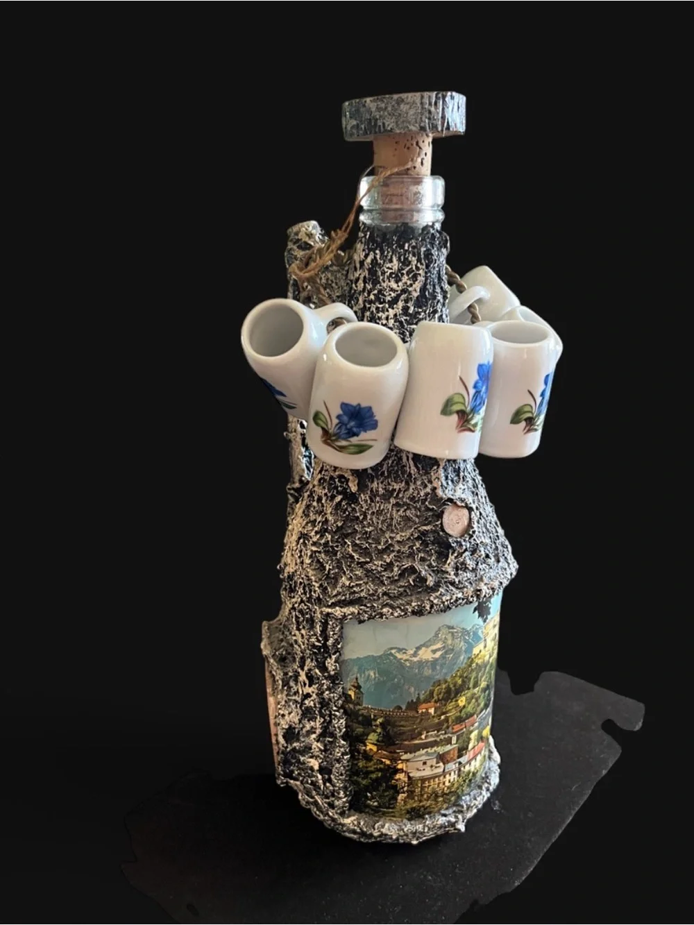 Faux  Bark Covered Wine Bottle Souvenir of Salzburg Austria Plus 6 Mini Mugs